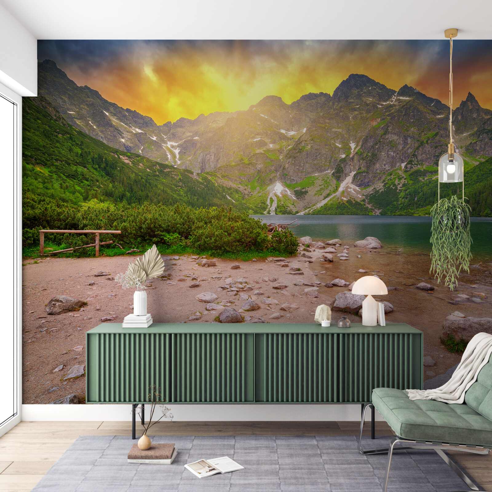 Fototapeta zachodzące słońce schodzące za jeziorem w tatrach