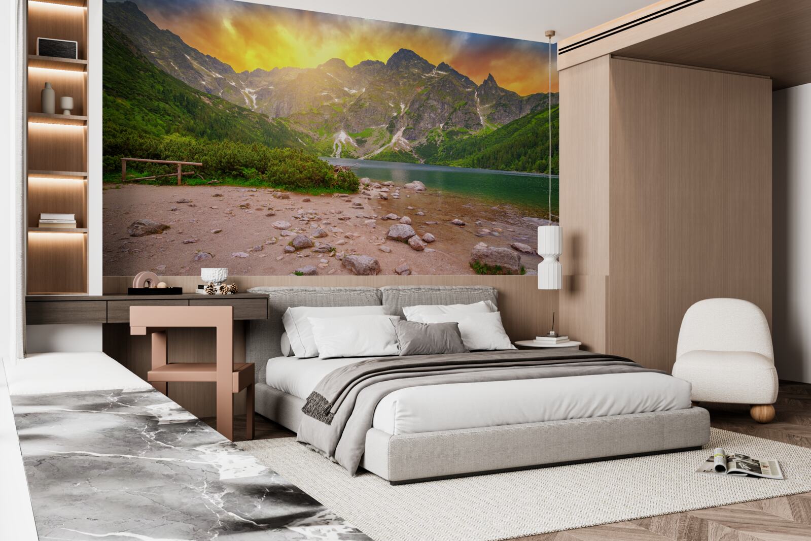 Fototapeta zachodzące słońce schodzące za jeziorem w tatrach