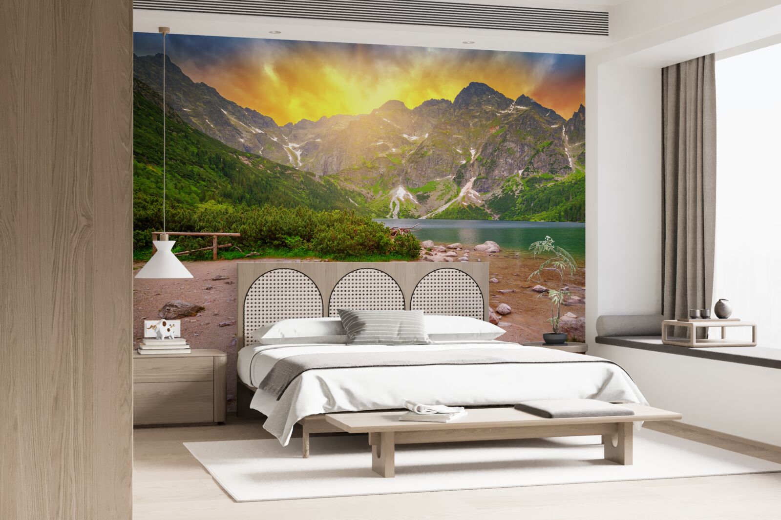 Fototapeta zachodzące słońce schodzące za jeziorem w tatrach