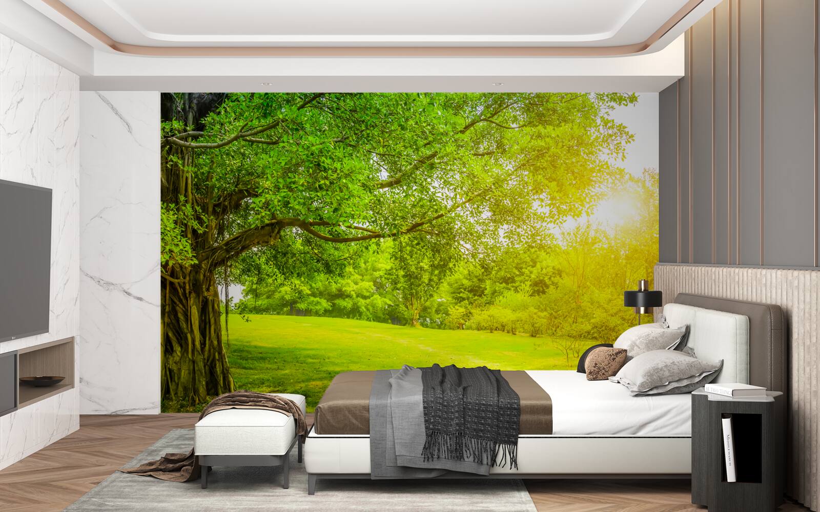 Fototapeta jasna polana, oświetlona słońcem i zauważalna dzięki zielonemu kolorowi