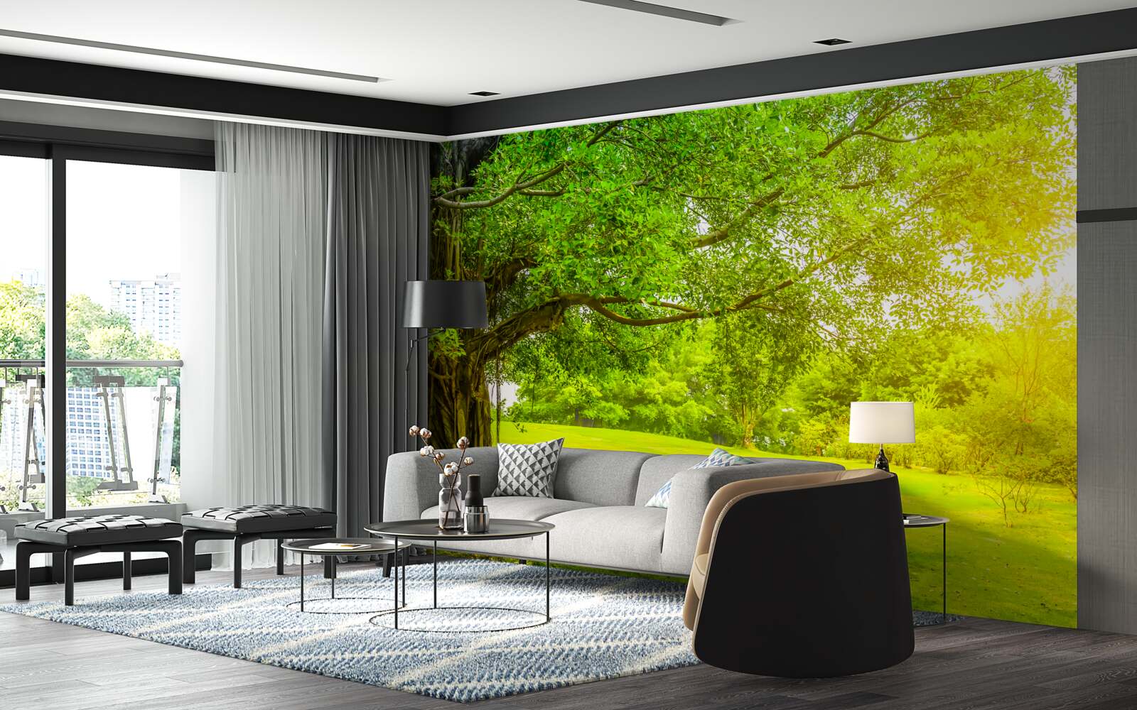 Fototapeta jasna polana, oświetlona słońcem i zauważalna dzięki zielonemu kolorowi