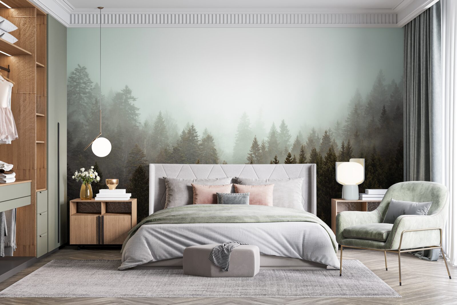 Fototapeta jasny wschód słońca wśród mglistego lasu iglastego