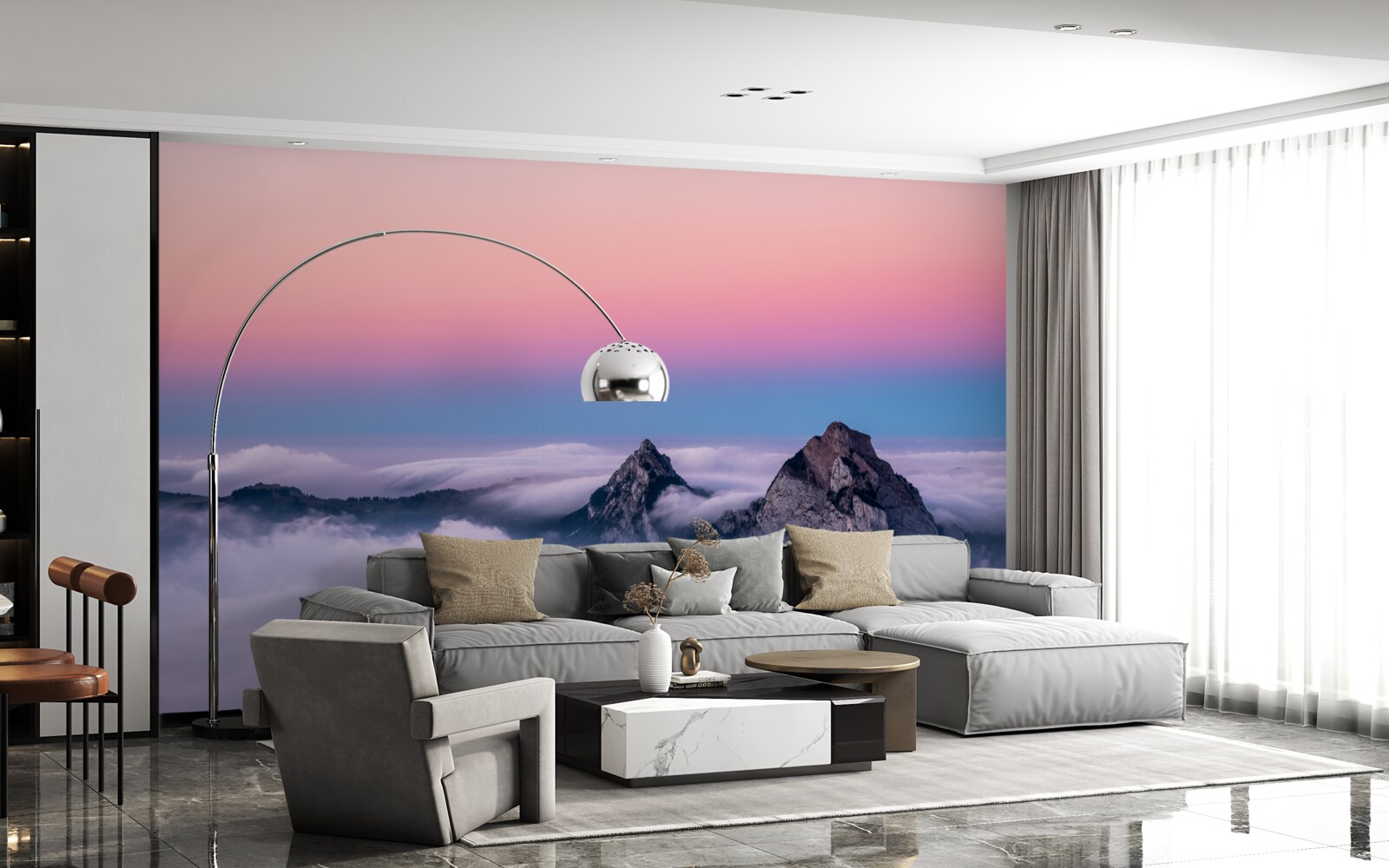 Fototapeta szczyty chmur pod różowym niebem