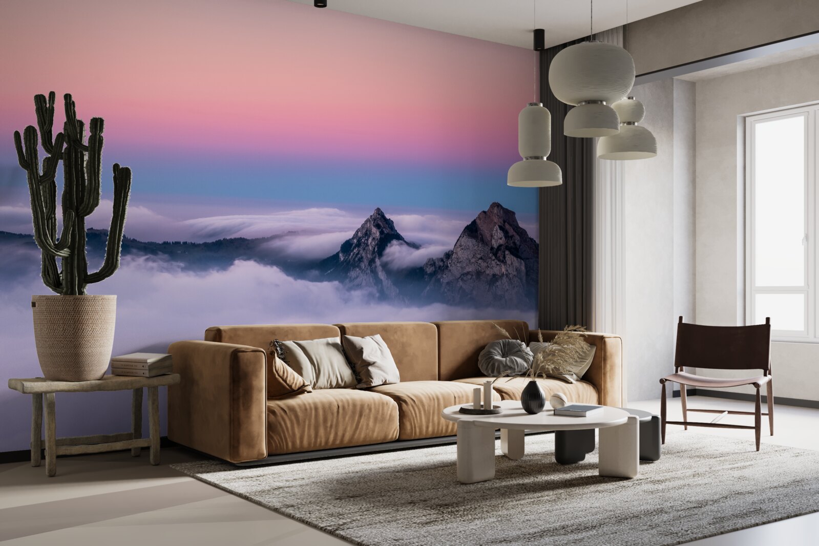 Fototapeta szczyty chmur pod różowym niebem