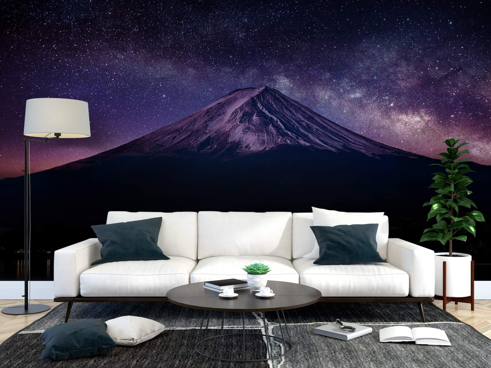 Fototapeta gwiaździste niebo o fioletowym odcieniu nad szczytem góry