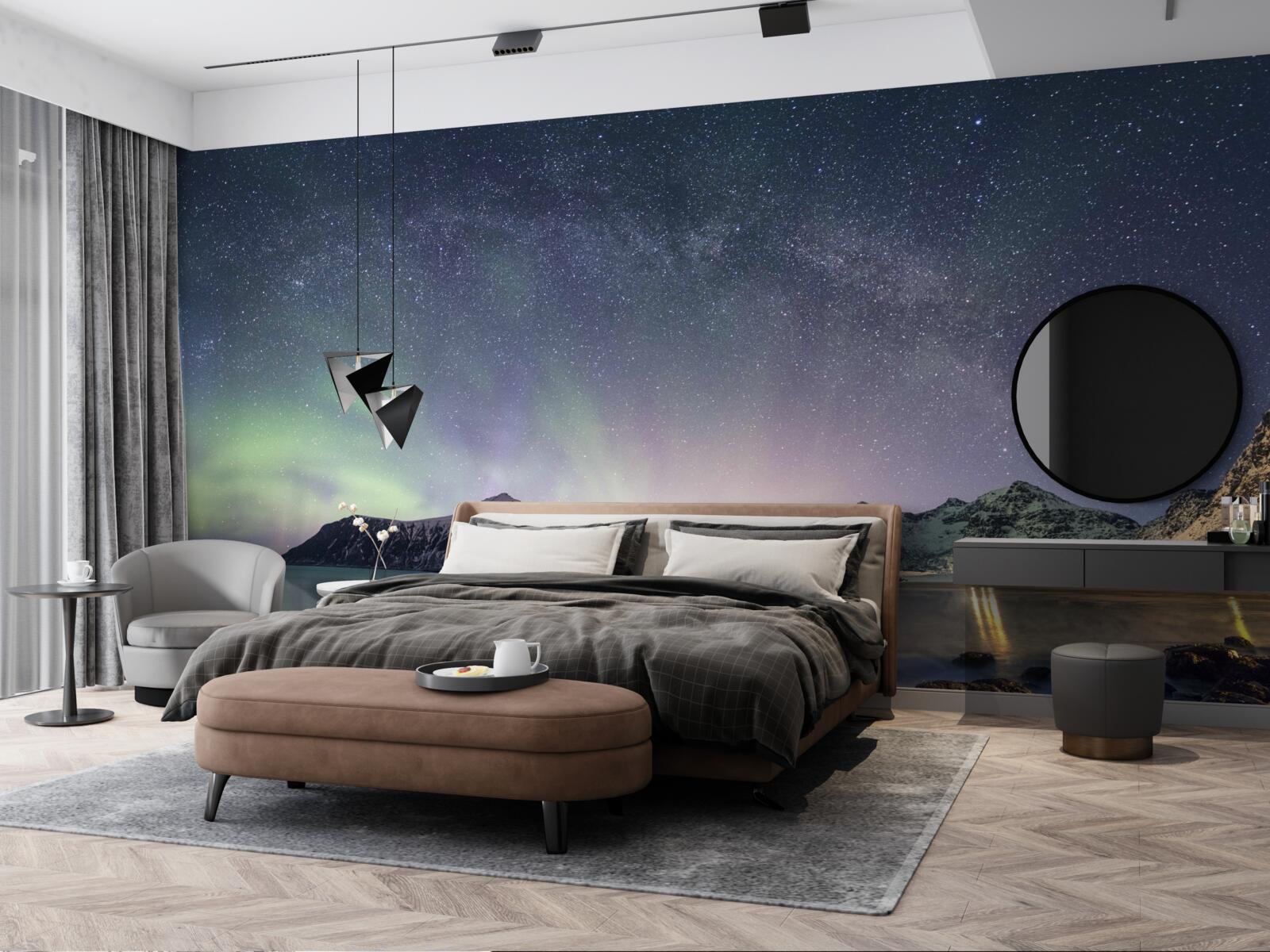 Fototapeta nocne niebo ozdobione gwiazdami i oświetlone zorzą polarną