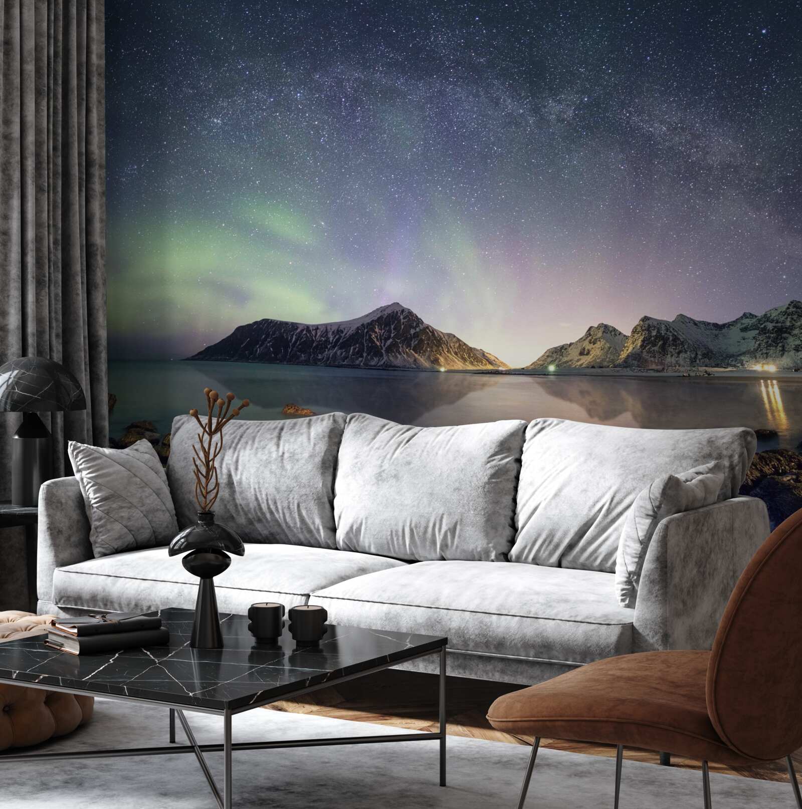 Fototapeta nocne niebo ozdobione gwiazdami i oświetlone zorzą polarną