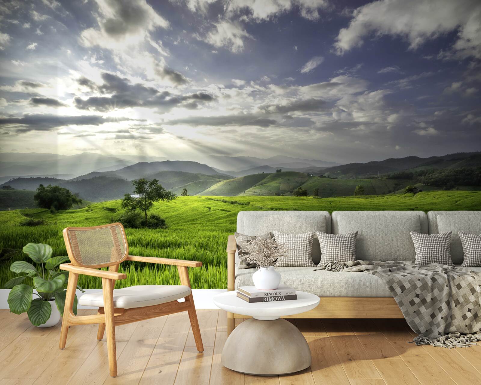 Fototapeta zanurzona w zieleni gór polana oświetlana jest promieniami słońca