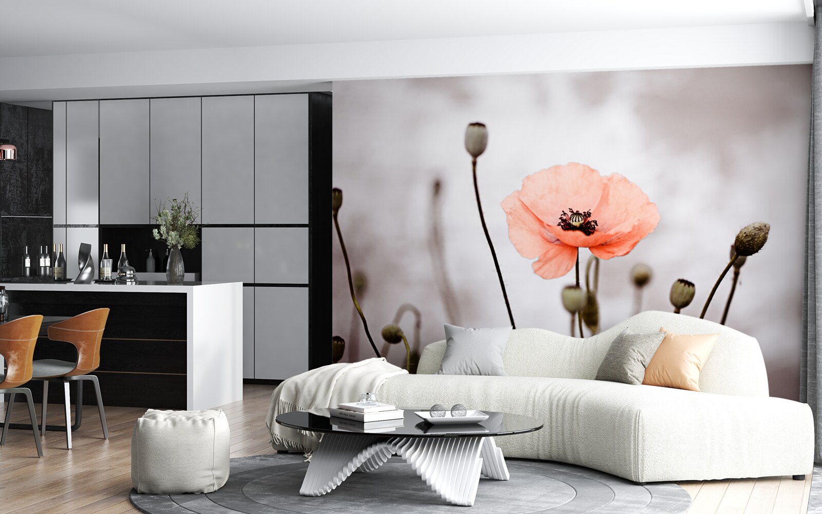 Fototapeta samotny mak otwierający się w całej swej różowej okazałości