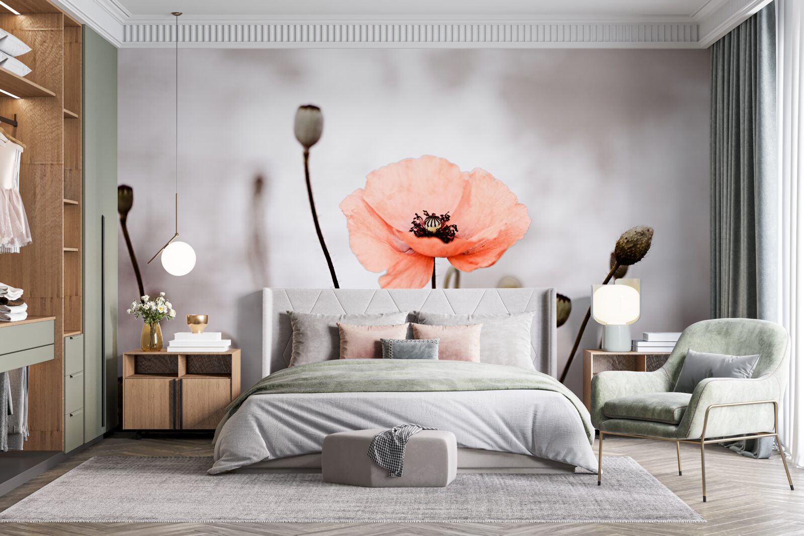 Fototapeta samotny mak otwierający się w całej swej różowej okazałości