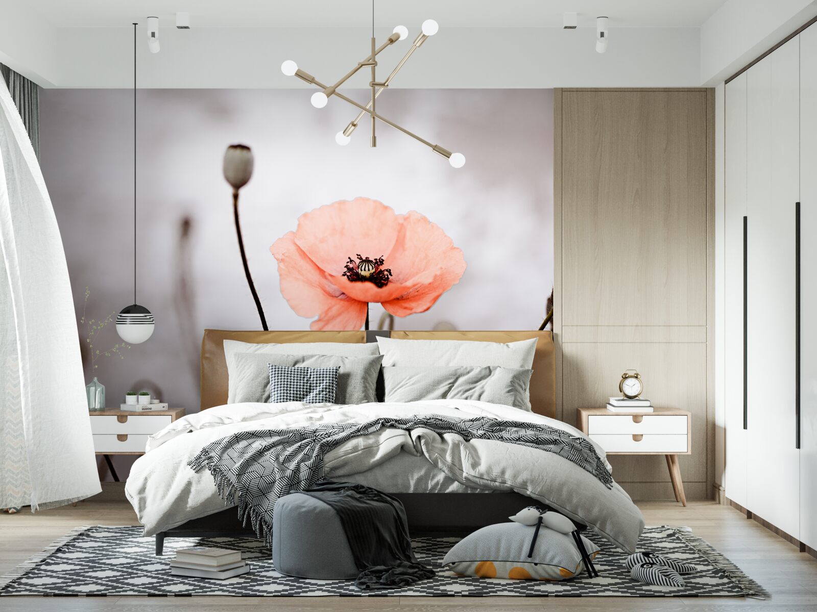 Fototapeta samotny mak otwierający się w całej swej różowej okazałości