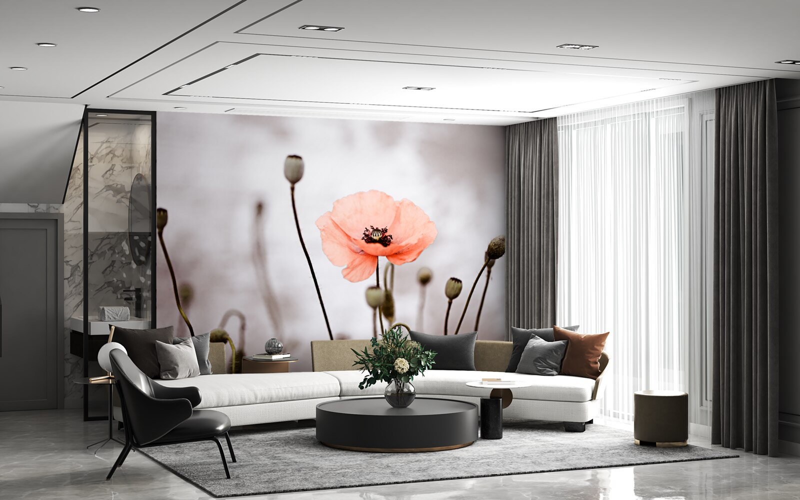 Fototapeta samotny mak otwierający się w całej swej różowej okazałości