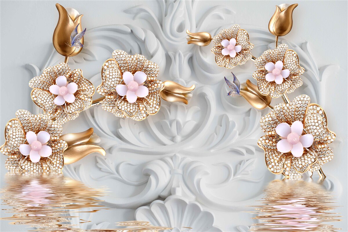 Fototapeta kwiaty w kolorze białym, wykończone w brązie i ozdobione kryształkami