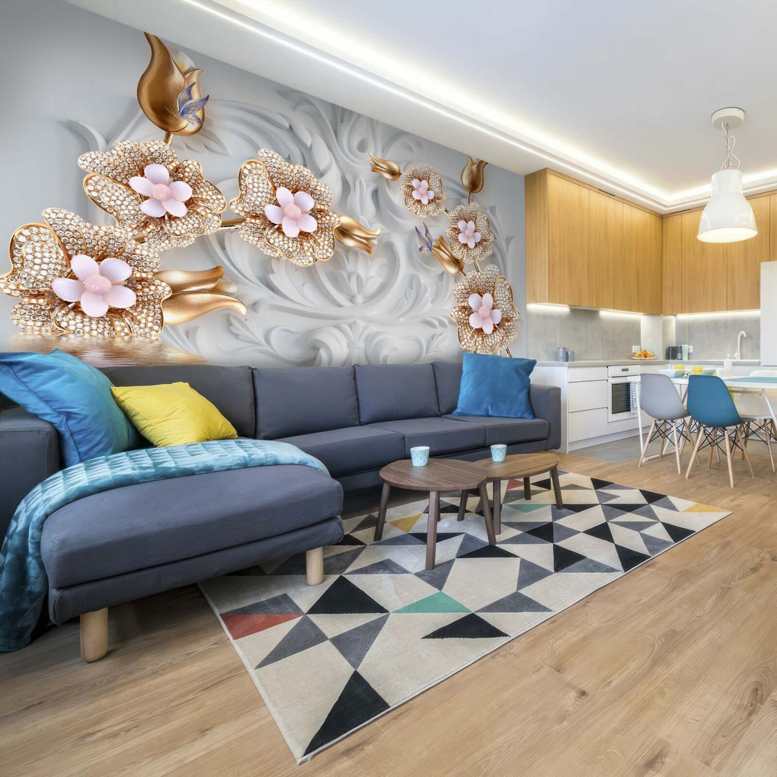 Fototapeta kwiaty w kolorze białym, wykończone w brązie i ozdobione kryształkami