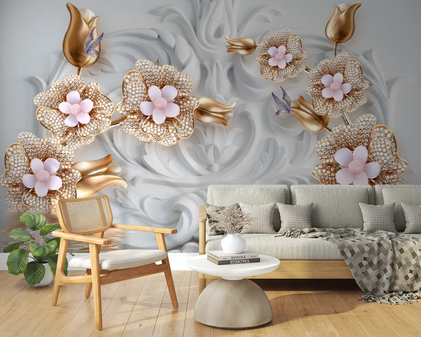 Fototapeta kwiaty w kolorze białym, wykończone w brązie i ozdobione kryształkami