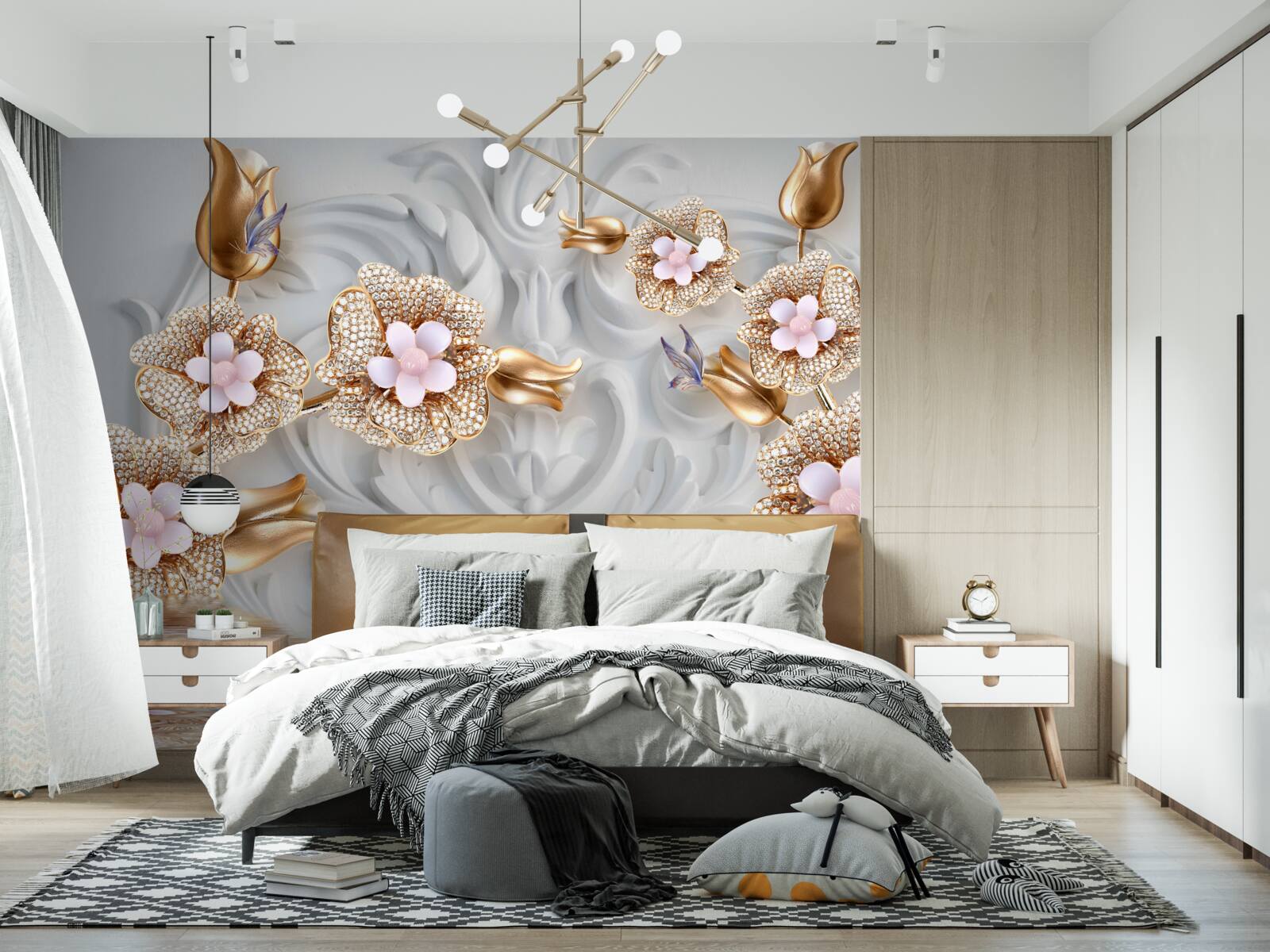 Fototapeta kwiaty w kolorze białym, wykończone w brązie i ozdobione kryształkami