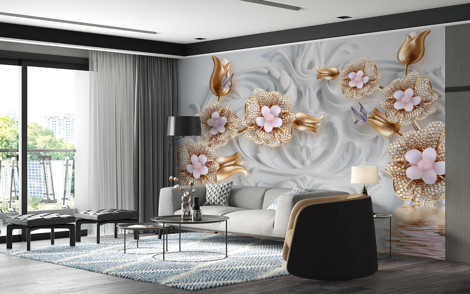 Fototapeta kwiaty w kolorze białym, wykończone w brązie i ozdobione kryształkami