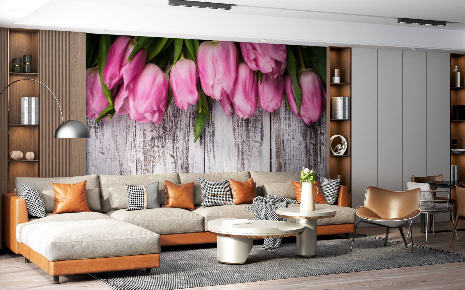 Fototapeta różowe tulipany na drewnianym tle