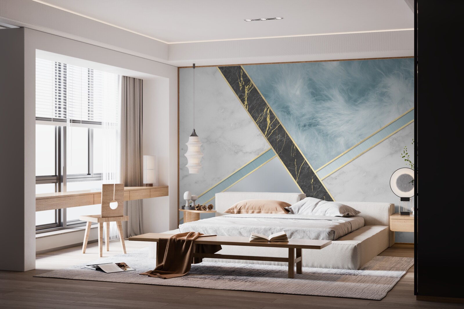 Fototapeta marmur w odcieniach szarości i błękitu z czarnym elementem