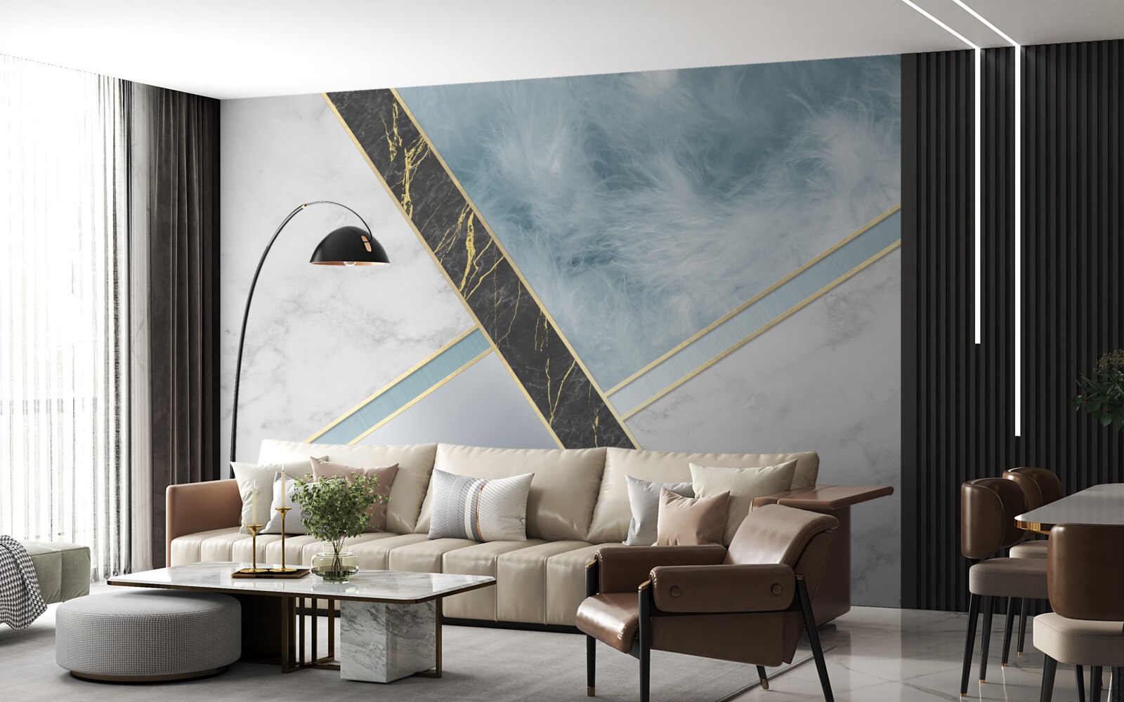 Fototapeta marmur w odcieniach szarości i błękitu z czarnym elementem