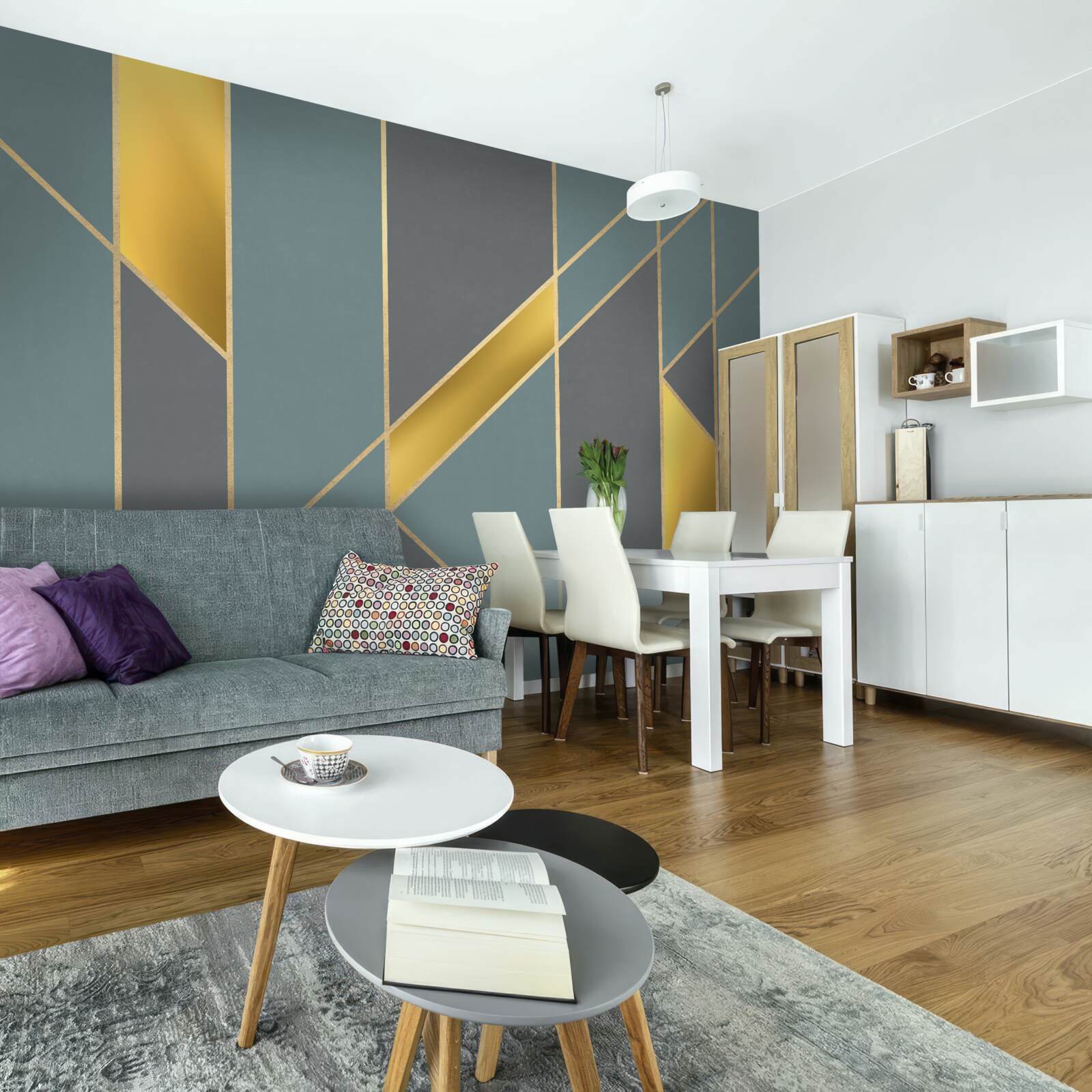 Fototapeta niebieskie figury ze złotymi akcentami