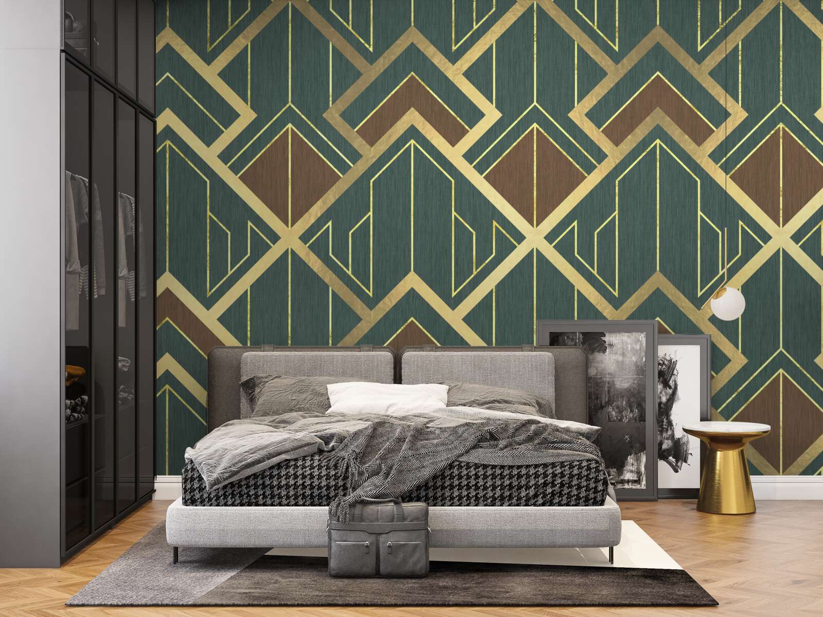 Fototapeta projekt składający się z różnych kształtów i złotych linii