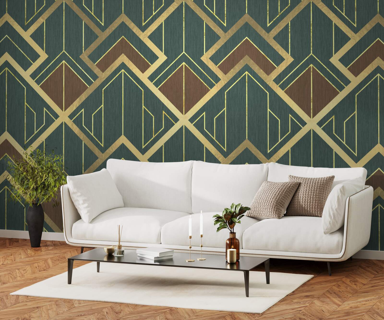 Fototapeta projekt składający się z różnych kształtów i złotych linii