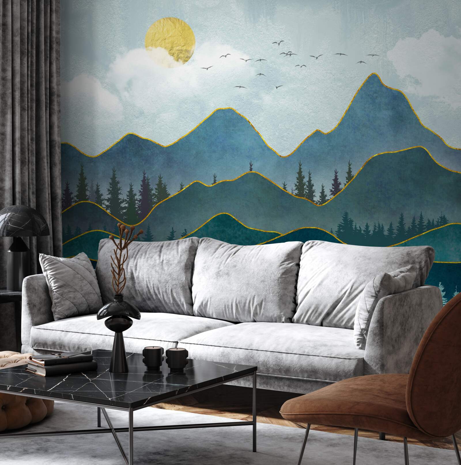 Fototapeta graficzny obraz doliny rzeki i drzewa górskiego