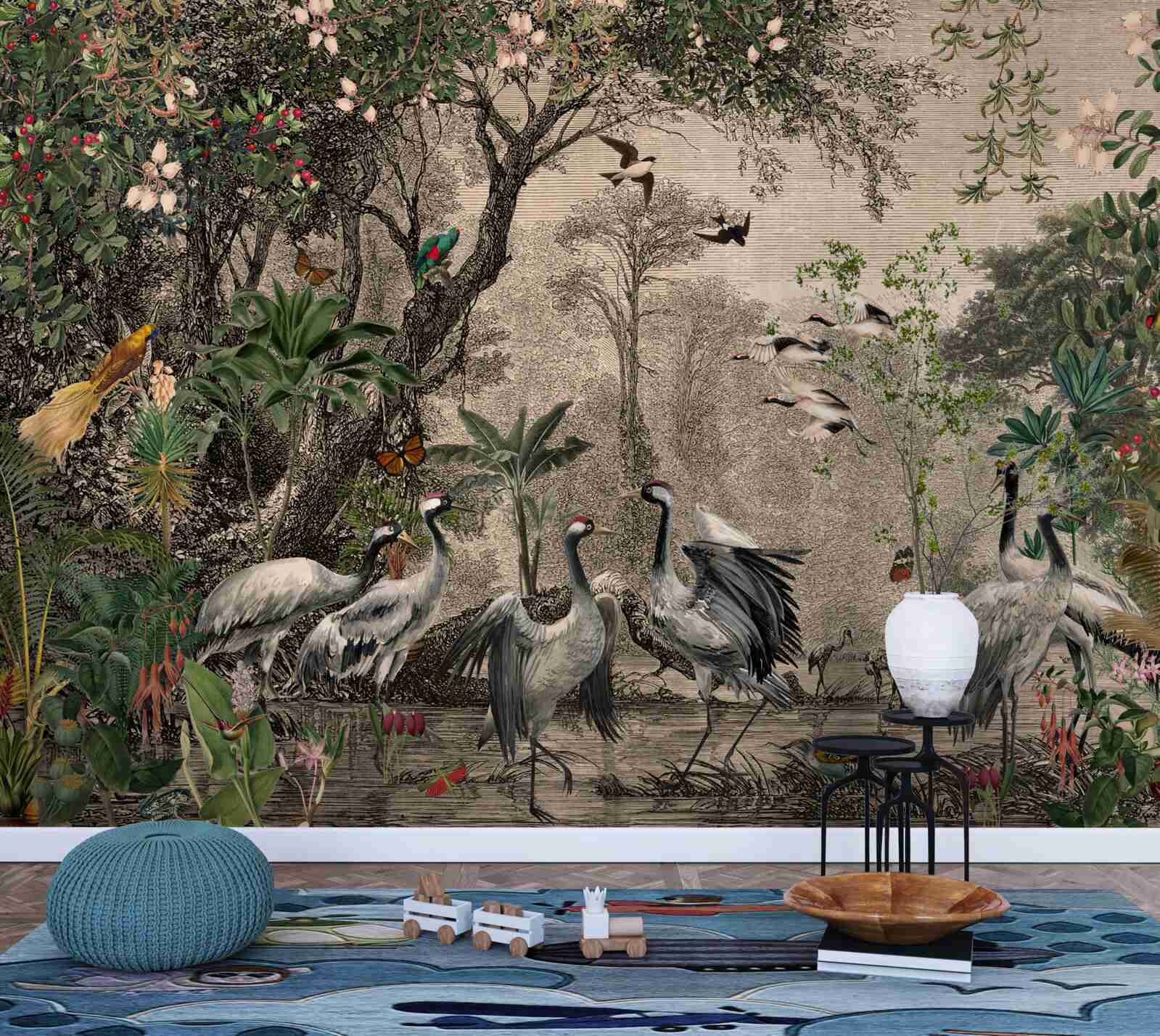 Fototapeta skupisko żurawi w pobliżu leśnego stawu