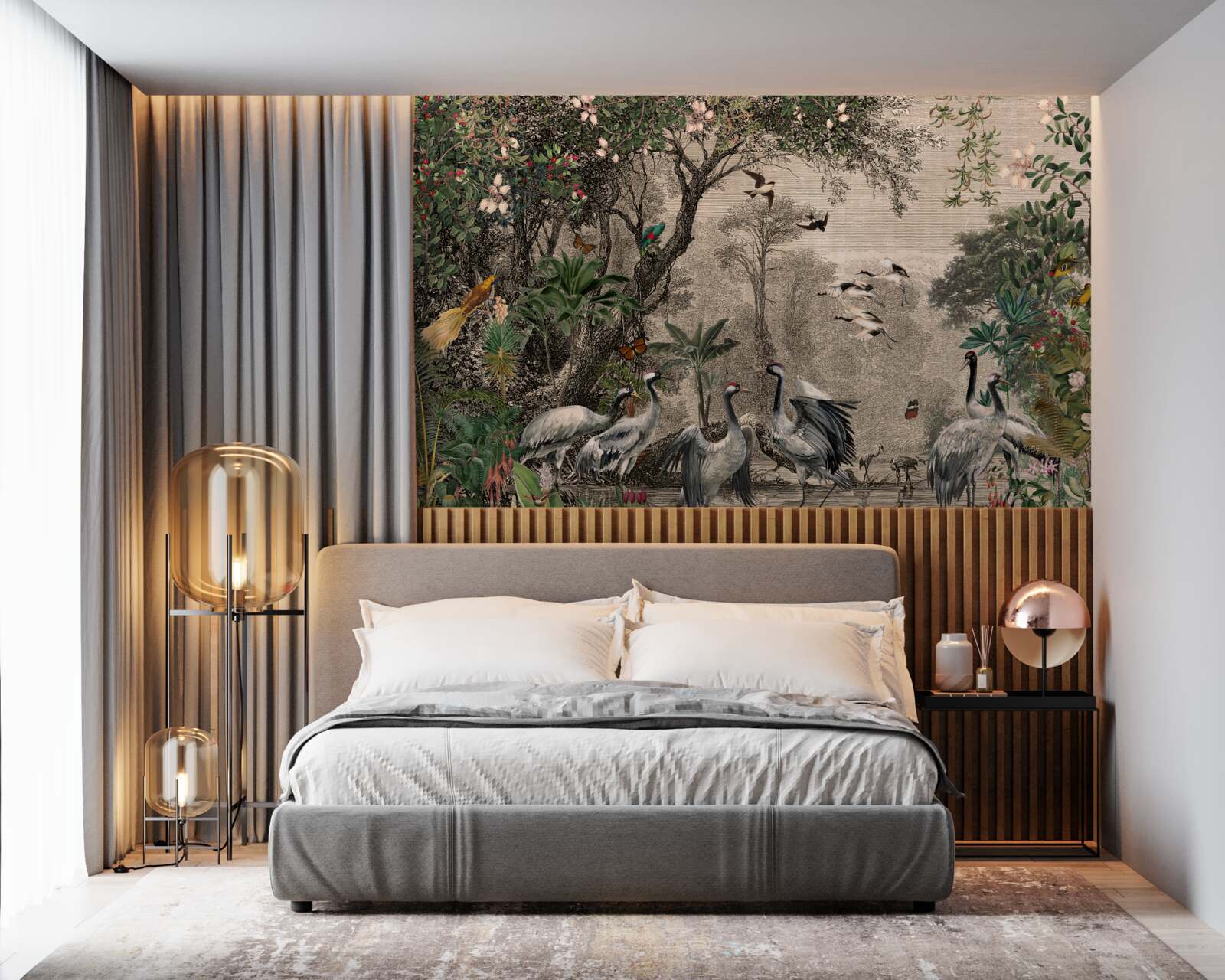 Fototapeta skupisko żurawi w pobliżu leśnego stawu