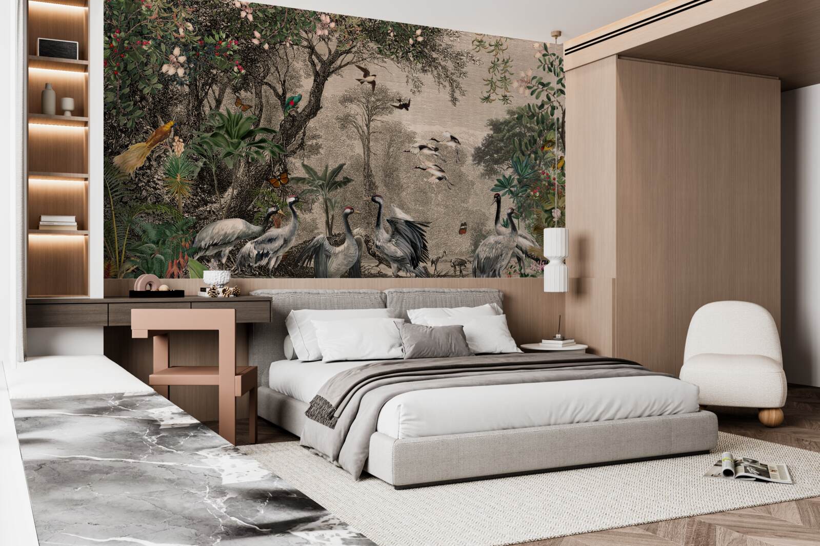 Fototapeta skupisko żurawi w pobliżu leśnego stawu