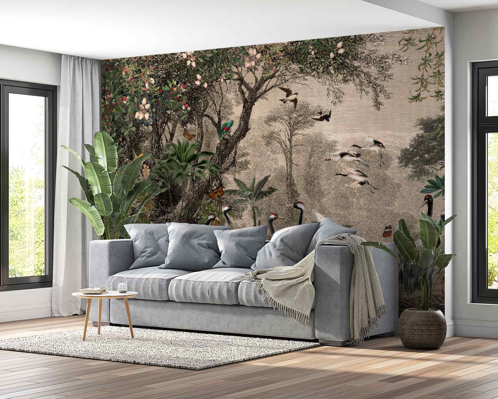 Fototapeta skupisko żurawi w pobliżu leśnego stawu