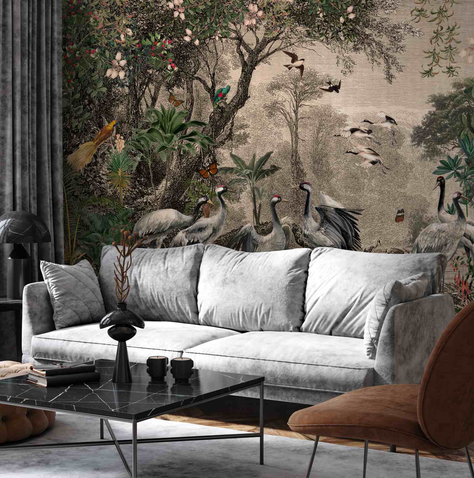 Fototapeta skupisko żurawi w pobliżu leśnego stawu