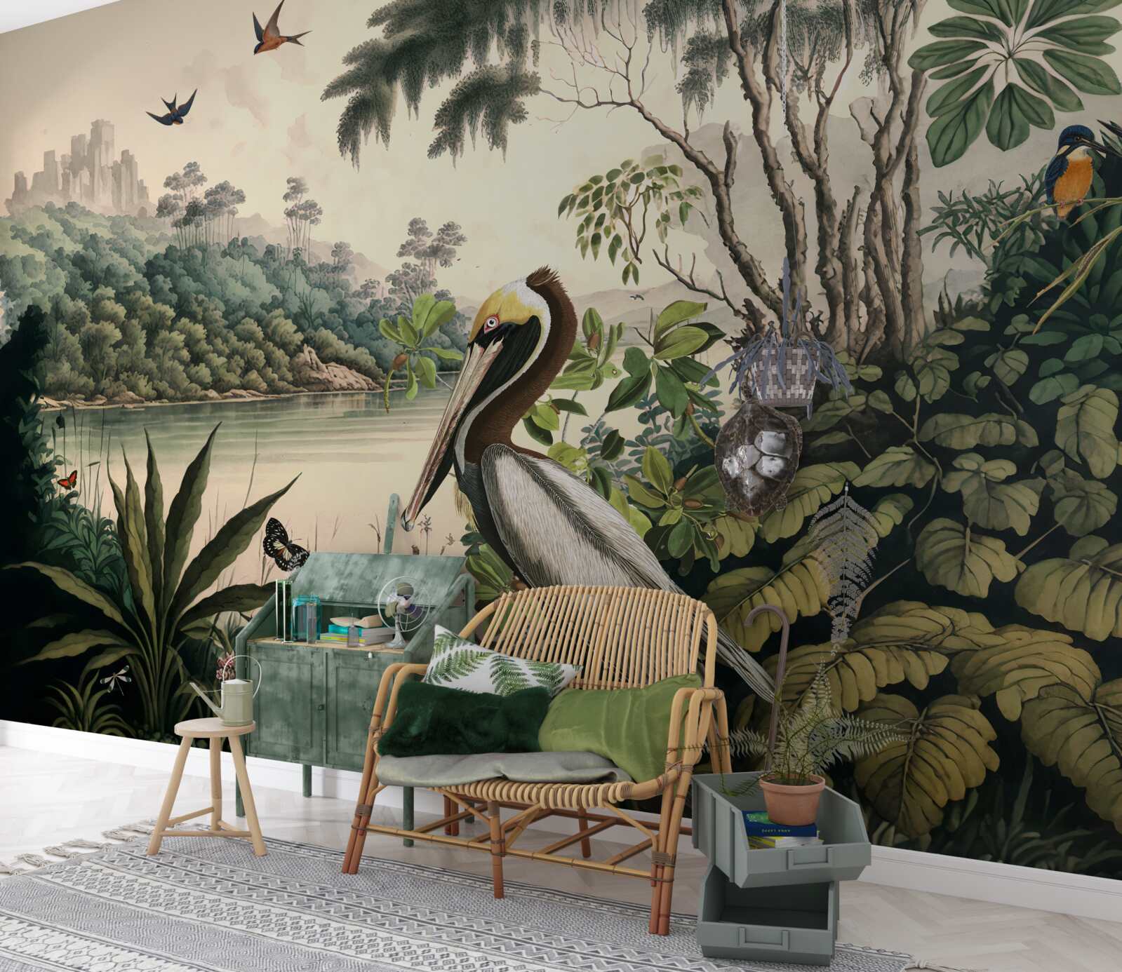 Fototapeta pelikan szuka pożywienia w wodach jeziora