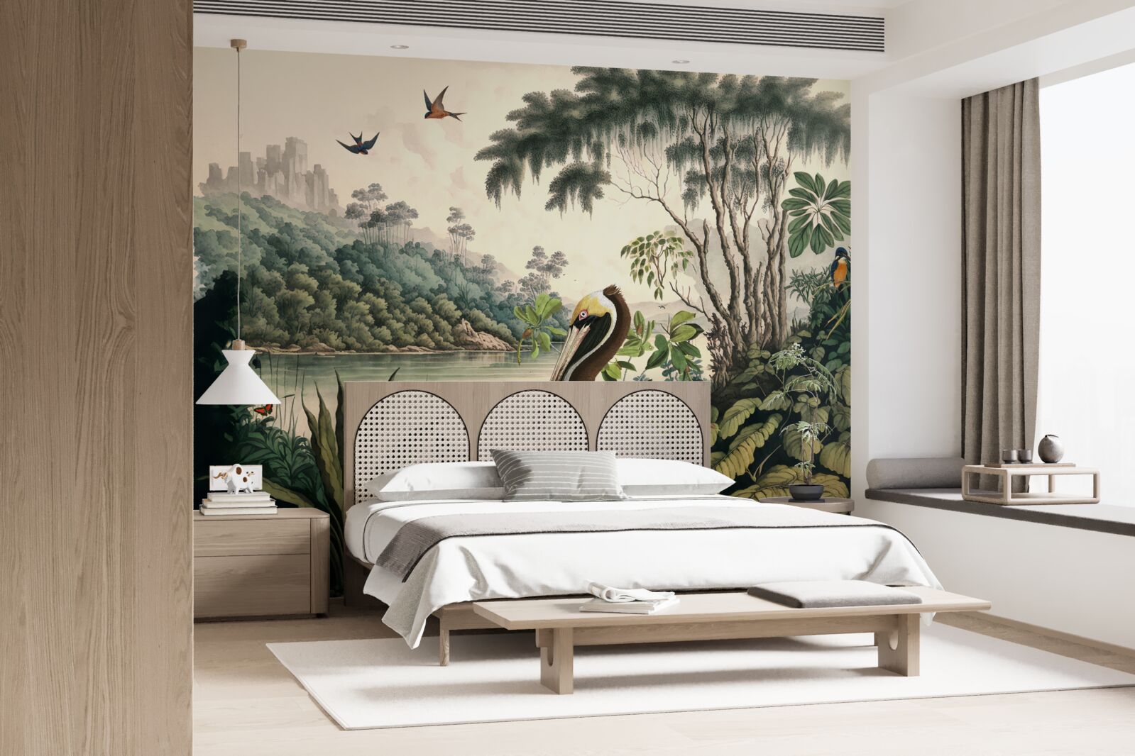 Fototapeta pelikan szuka pożywienia w wodach jeziora