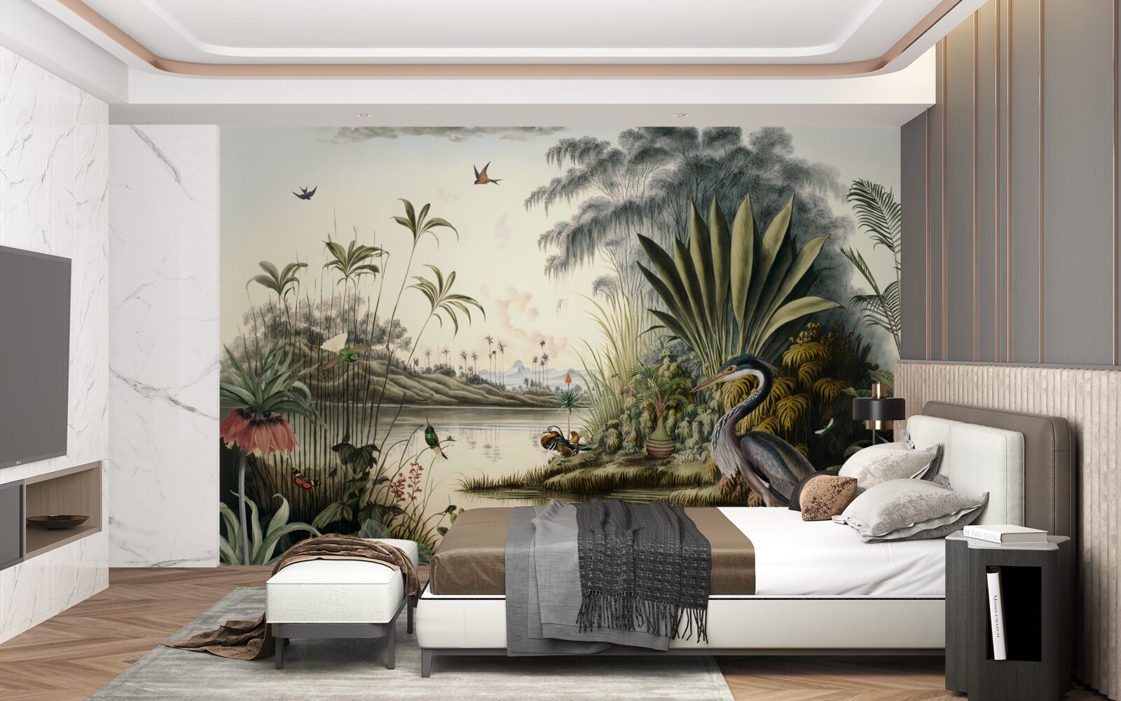 Fototapeta Żuraw w pobliżu zielonkawego stawu