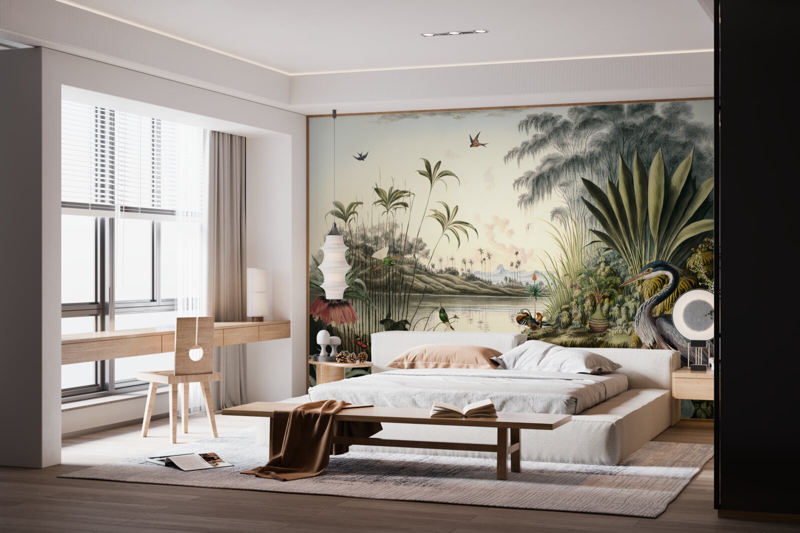 Fototapeta Żuraw w pobliżu zielonkawego stawu