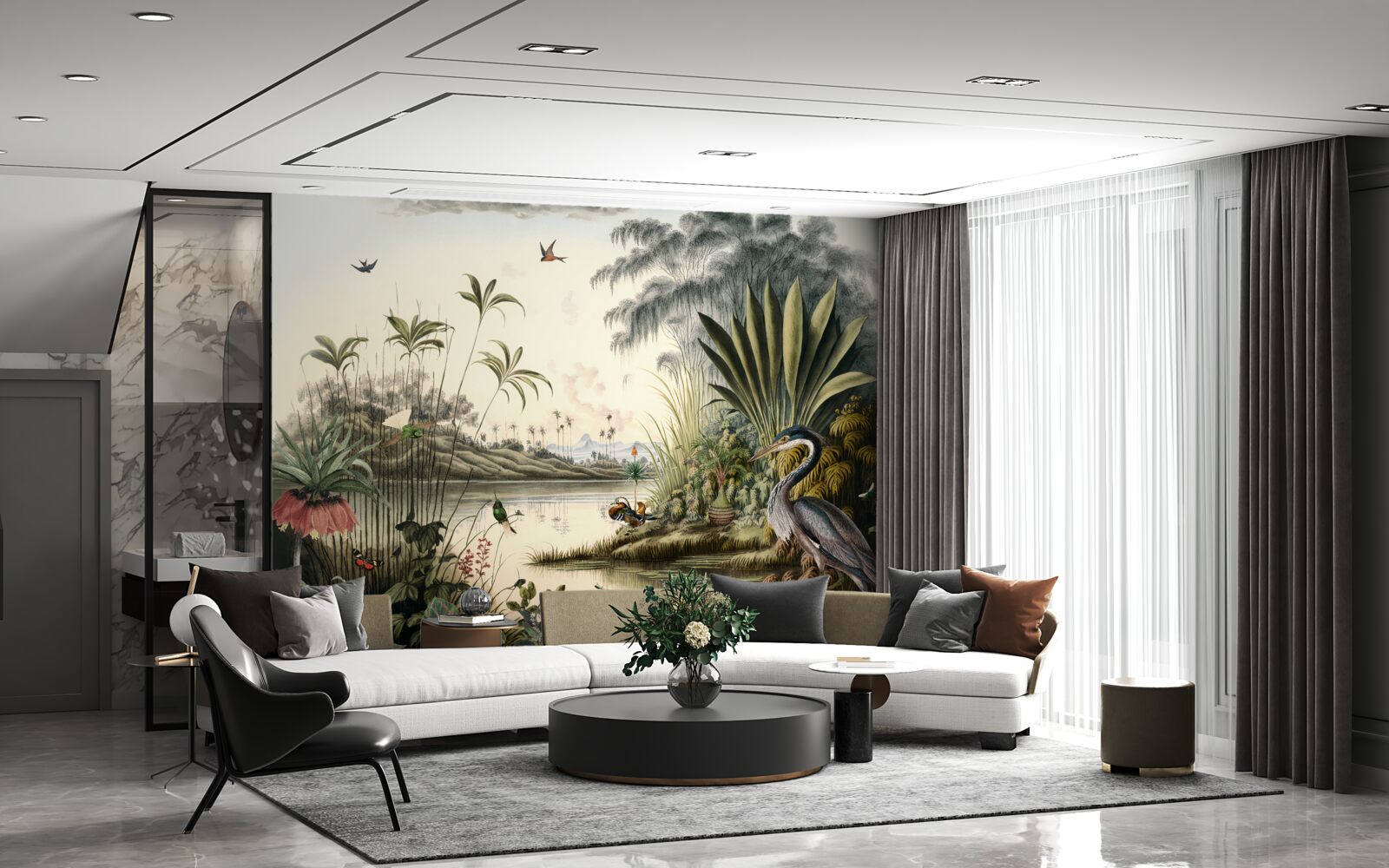 Fototapeta Żuraw w pobliżu zielonkawego stawu