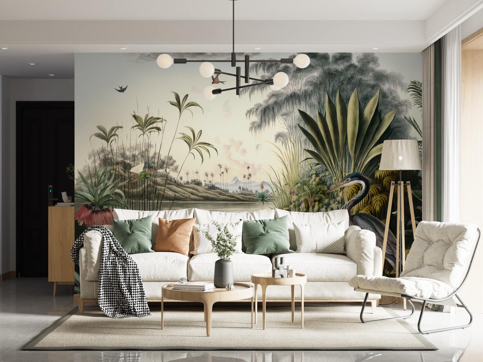 Fototapeta Żuraw w pobliżu zielonkawego stawu