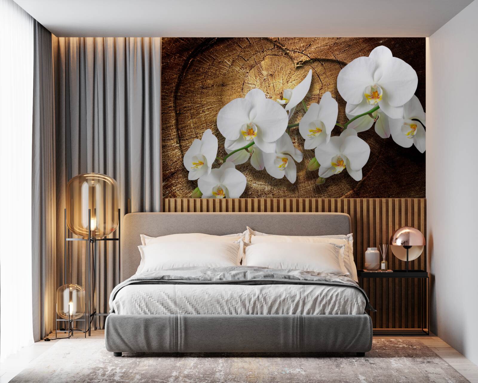 Fototapeta Śnieżnobiała orchidea na pociętym pniu drzewa