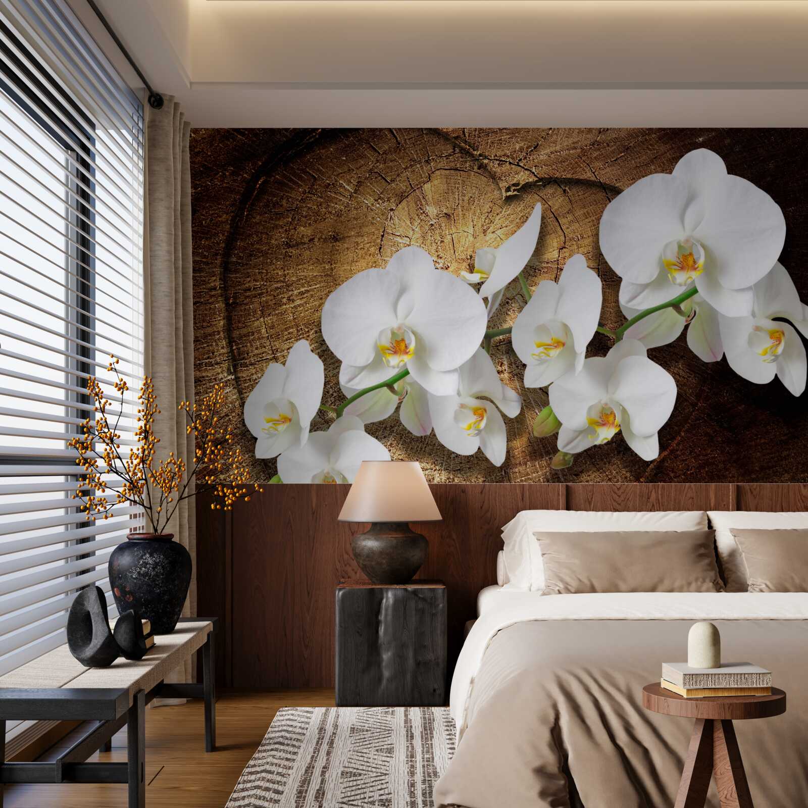 Fototapeta Śnieżnobiała orchidea na pociętym pniu drzewa