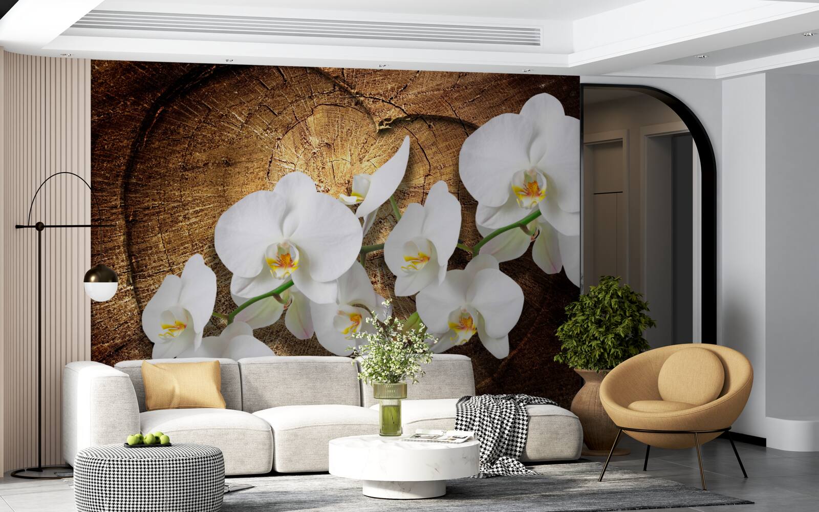 Fototapeta Śnieżnobiała orchidea na pociętym pniu drzewa