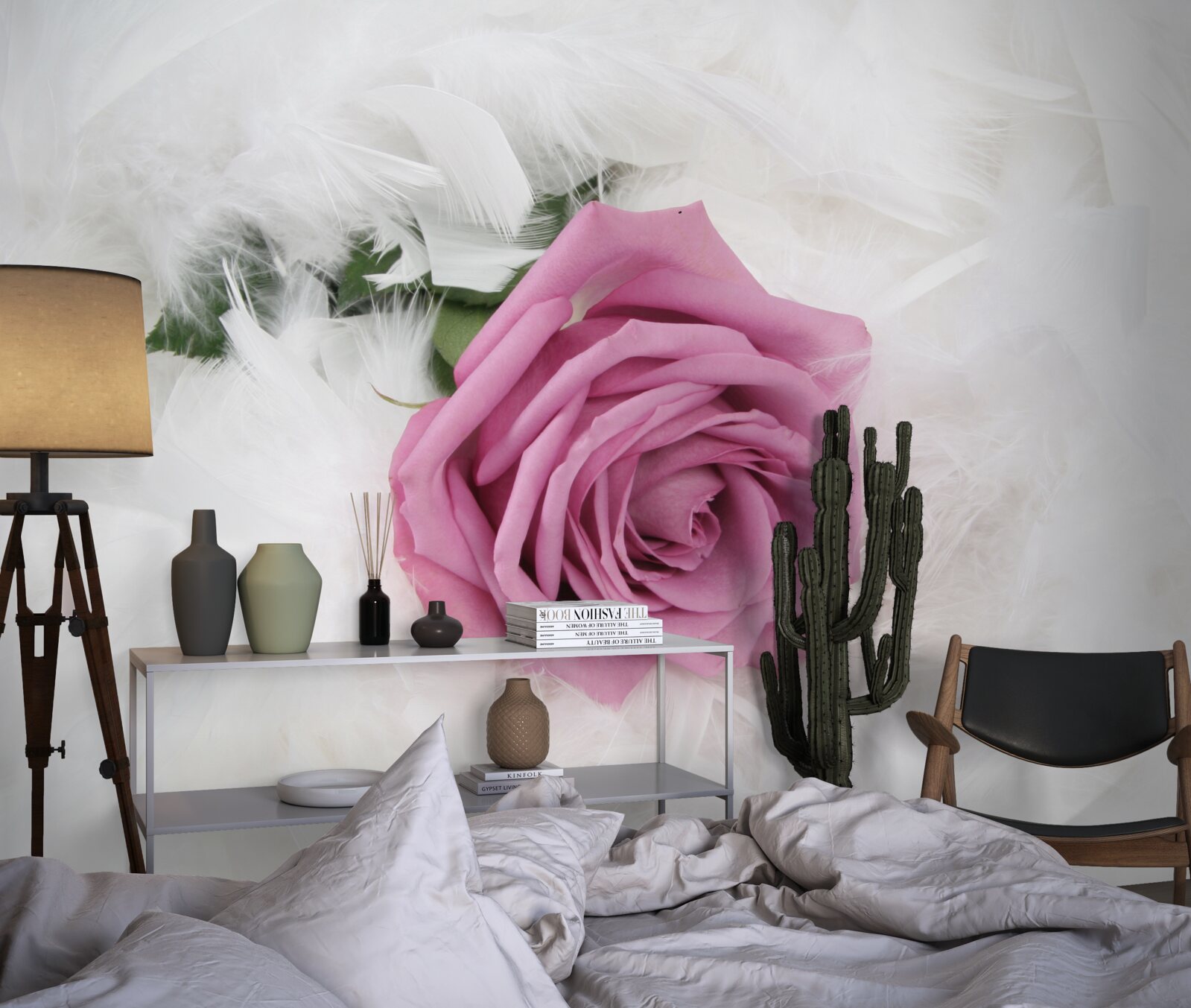 Fototapeta fioletowa róża otoczona białymi piórami