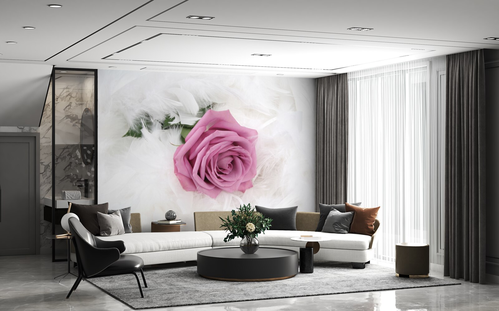 Fototapeta fioletowa róża otoczona białymi piórami