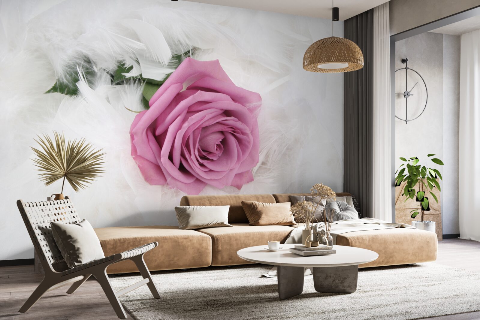 Fototapeta fioletowa róża otoczona białymi piórami