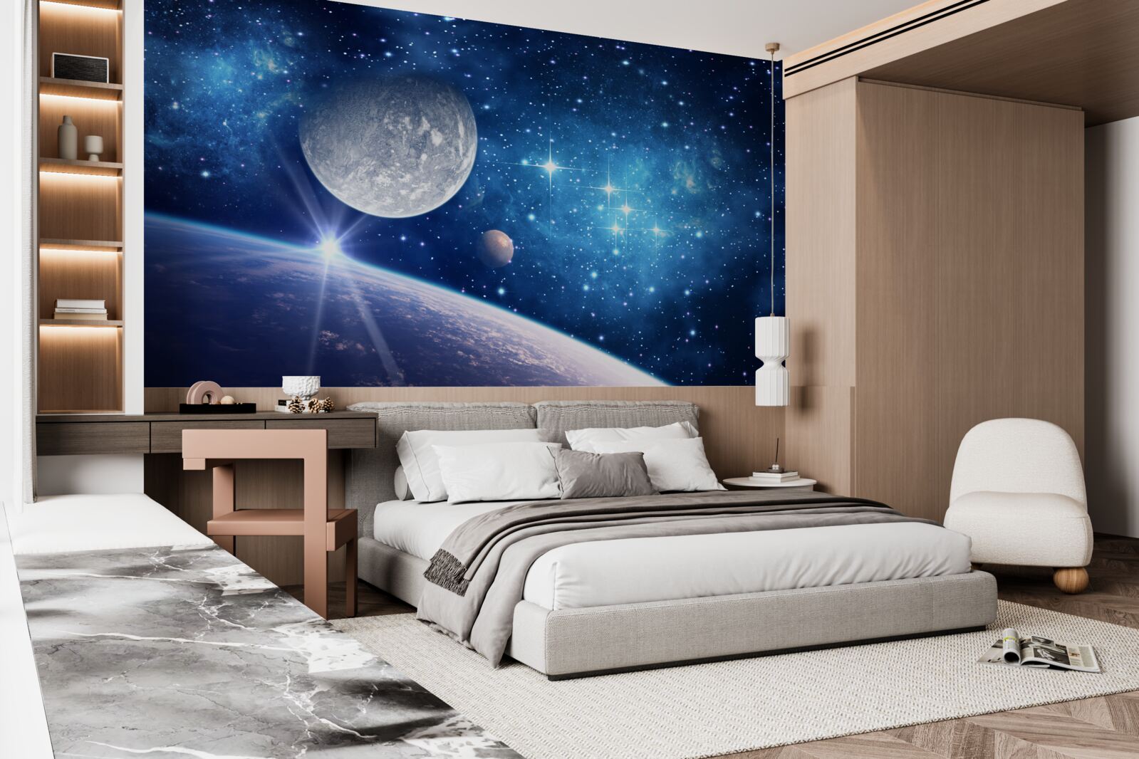 Fototapeta księżyc jest w tle, a ziemia na pierwszym planie