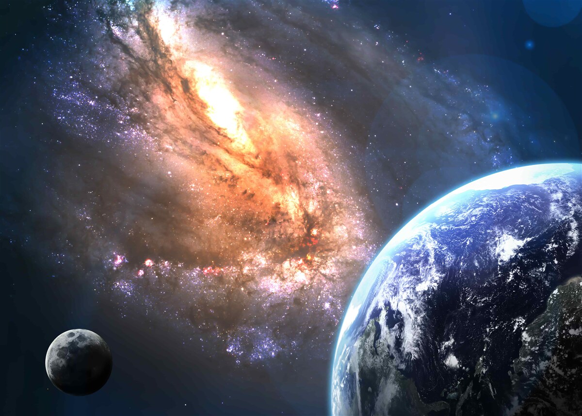 Fototapeta planeta, satelita i nowo odkryta galaktyka