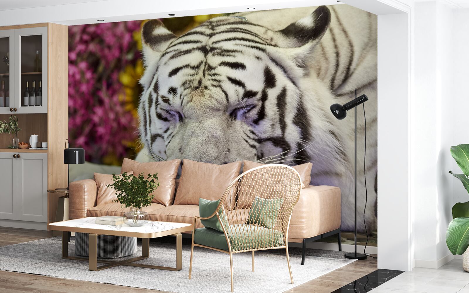 Fototapeta wśród kwiatów odpoczywa biały tygrys