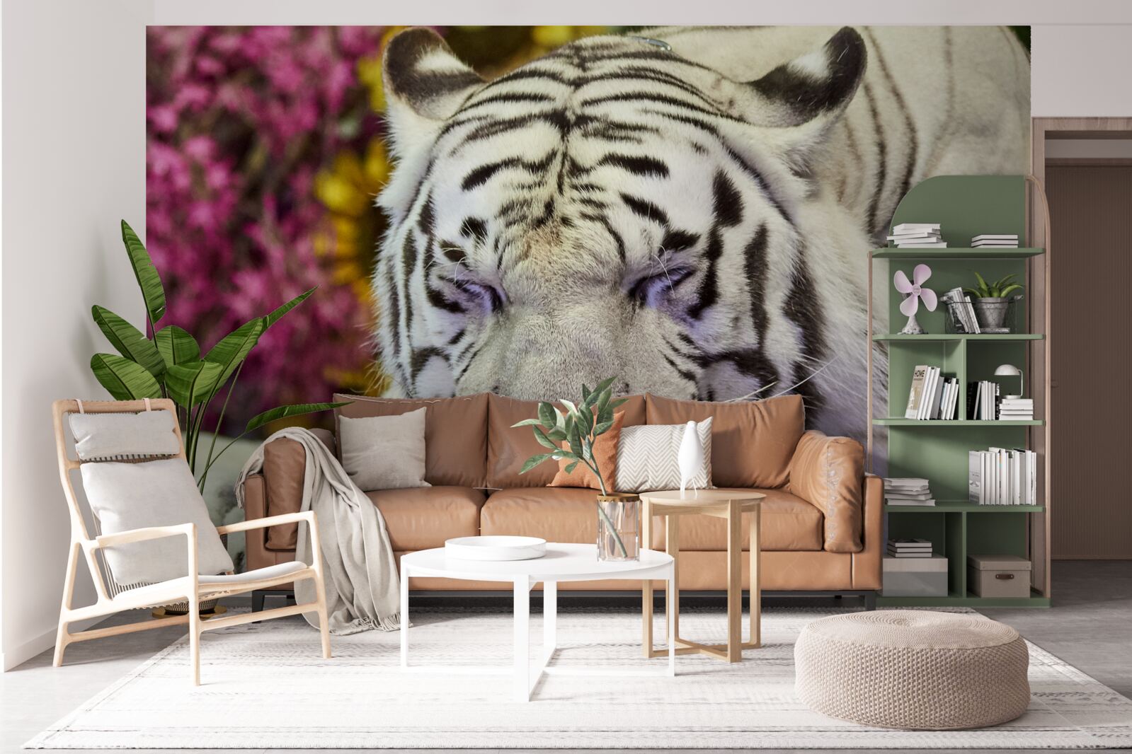 Fototapeta wśród kwiatów odpoczywa biały tygrys