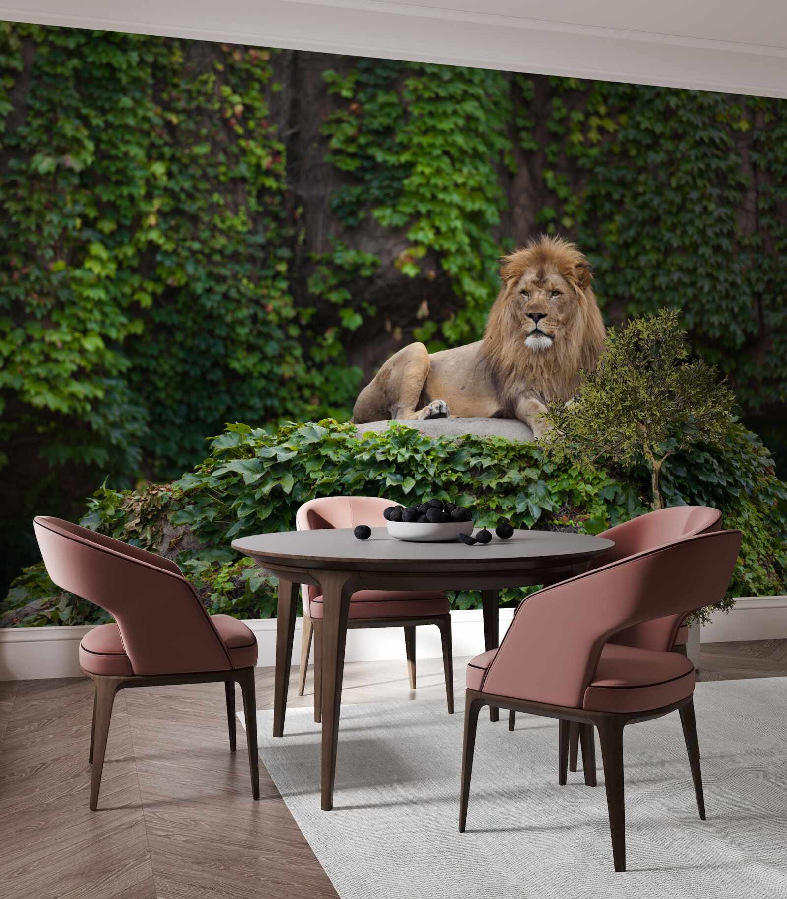 Fototapeta majestatyczny lew odpoczywa na pokrytym mchem kamieniu